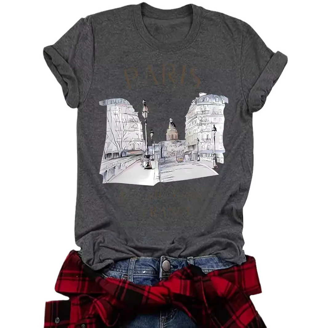 Nueva camiseta de moda casual de manga corta con cuello redondo estampada para mujer