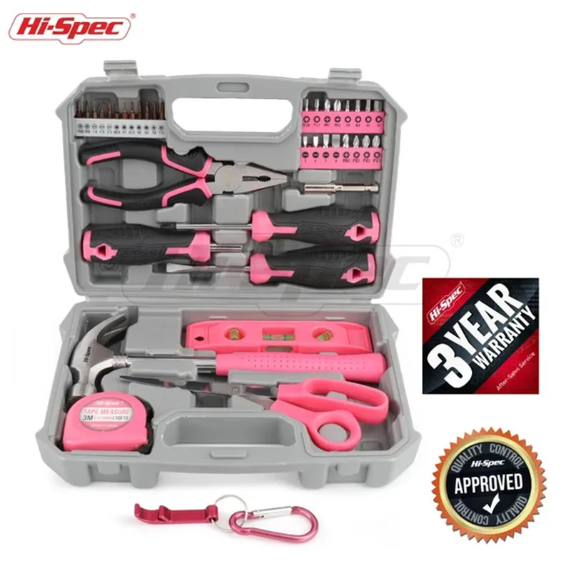 Hi-Spec 42pc Pink Lady Hand Tool Set Household Home Repair Tool Set Screwdriver Tool Box Set Scissors Claw Hammer For Home Use