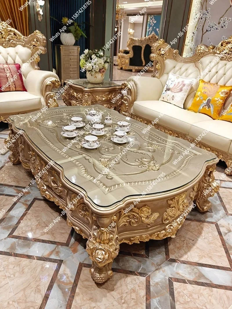 X European-style Large Coffee Table, Villa Living Room All Solid Wood 1.9 Meters Coffee Table, Desktop Engraving With Glass