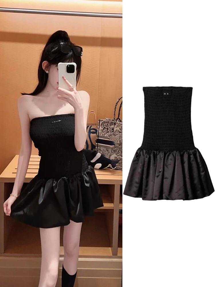 

Sexy Black Puffy Dress with Letter Design High Waist Cotton Blend Spring Summer Autumn A-Line Skirt Style Women's Dress