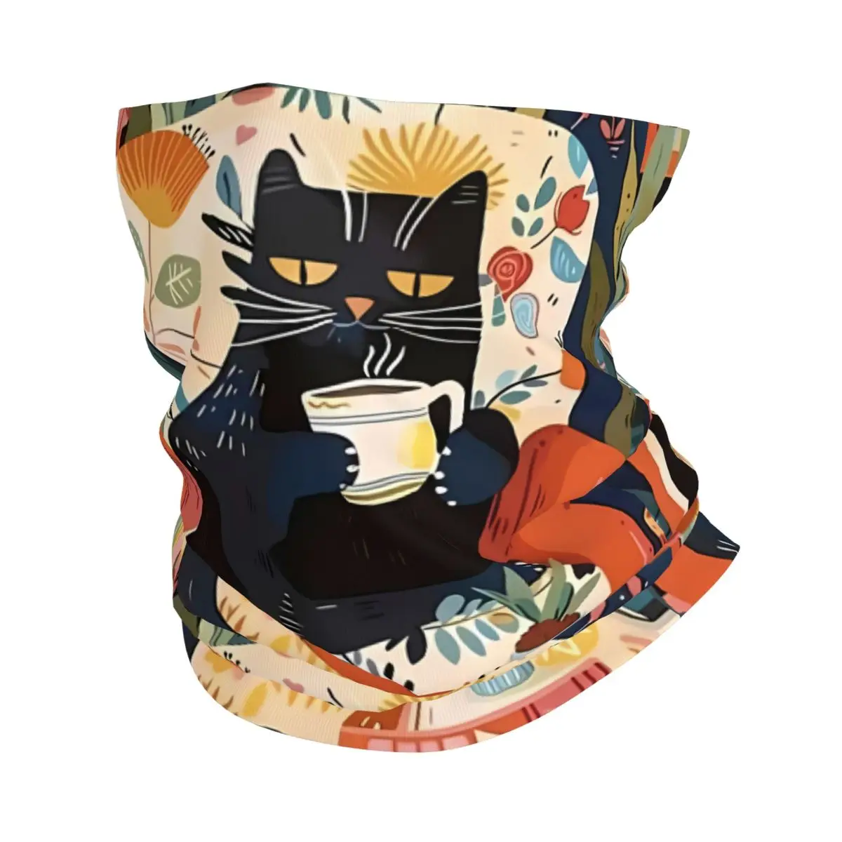 Lazy Cat Drinking Coffee Scarf Neckerchief Neck Face Mask Polyester