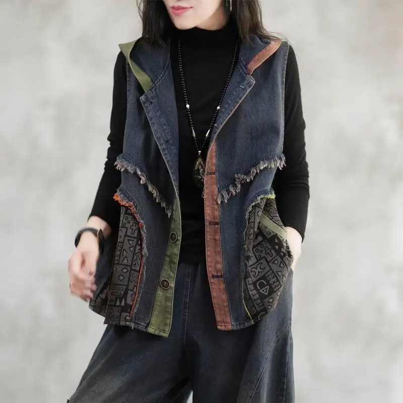 Women's Hooded 2026 New Autumn Style, Patchwork, Loose, Vintage, Artistic, With Zipper And Double Pockets, Washed Denim Vest