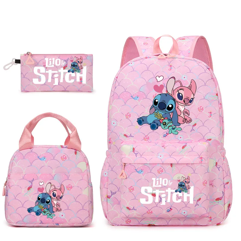 Disney Stitch Girl School Bag Set of 3pcs Lunch Box Pencil Case Primary Middle High Student Shoulder Travel Backpack Mochilas