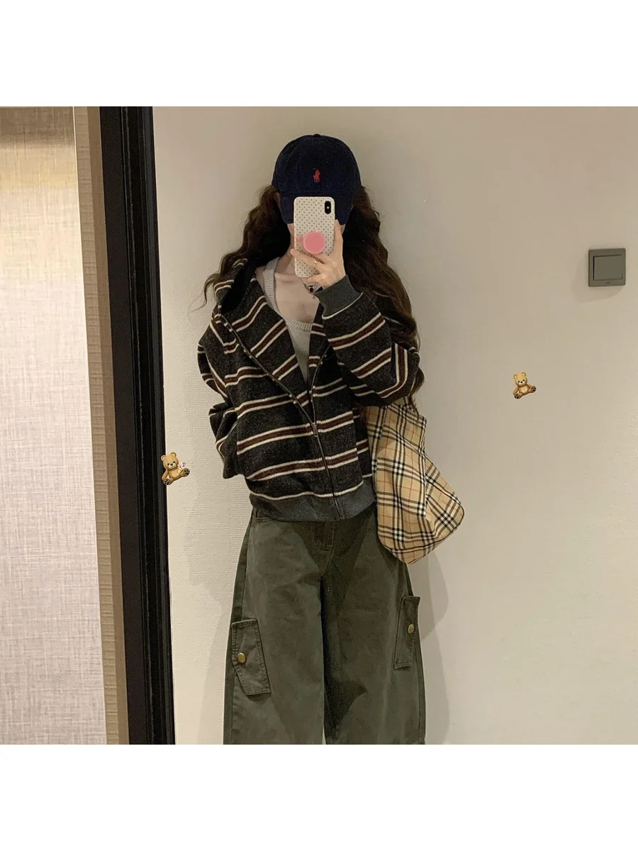 Retro Striped Hooded Zipper Cardigan Women's Loose Lazy Style Short Outerwear Spring Autumn Design Sense Sport Shirt