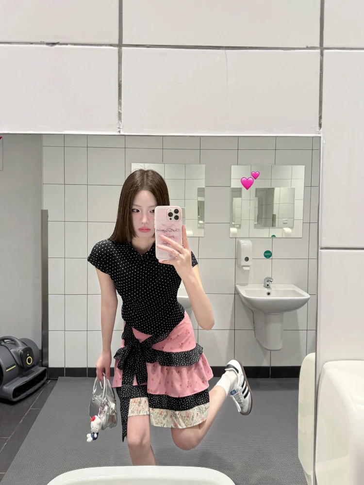تي شيرت صيفي جميل بقصة ضيقة منقط ort Sve تي شيرت وعقدة f تنورة نسائية مكونة من قطعتين ريفية حلوة...