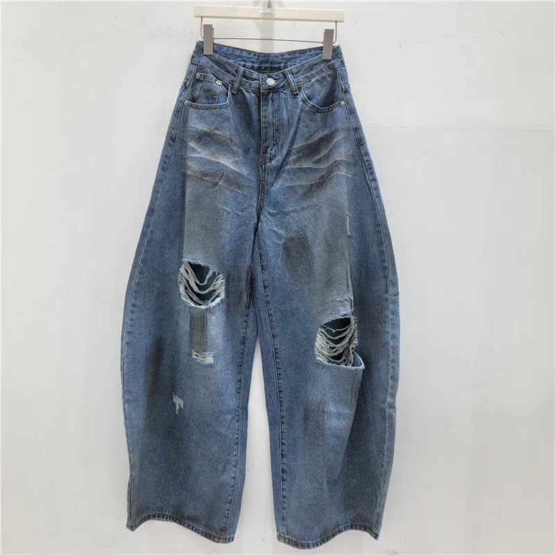 

Heavy Industry Rubbed Color Distressed Ripped Jeans, 2026 Summer New Wide Leg Scimitar Pants, Blue Denim Trousers Trendy