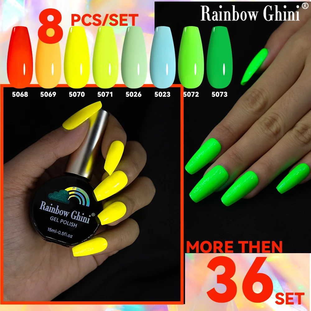 

Rainbow Ghini 15ml 8pcs Summer Neon Green Yellow Nail Polish Set Fluorescent Bright Colors Professional Gel Varnish For Manicure