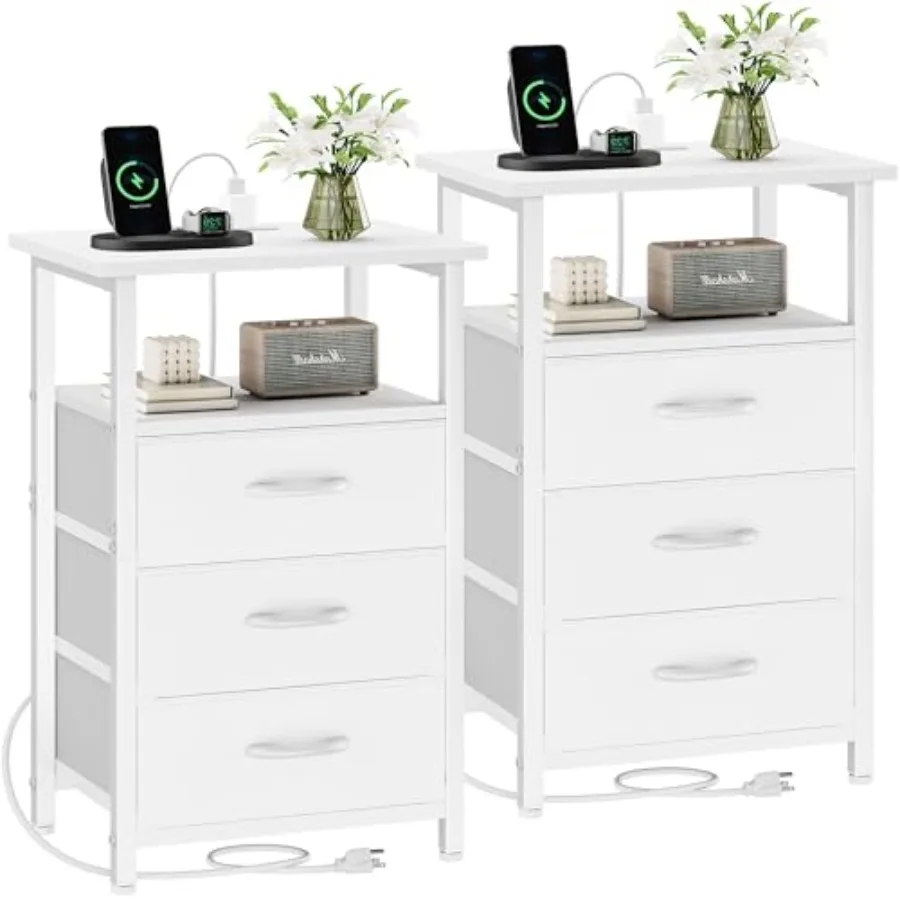 

Комплект из 2 прикроватных тумбочек с зарядной станцией, USB-портами и розеткой, с 2 тканевыми ящиками