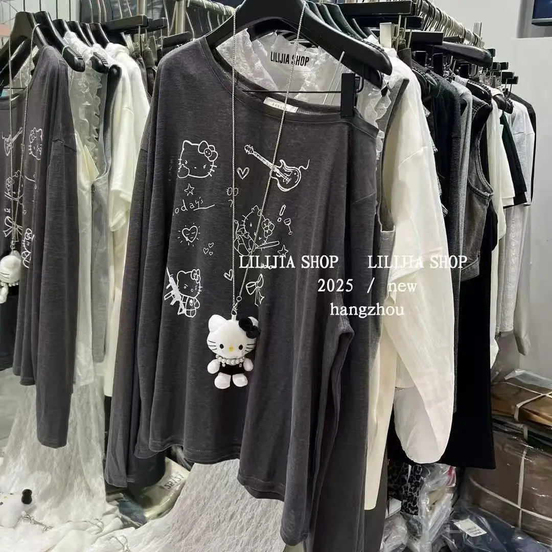 

SY'sYouthfully Slash Neck Loose T Shirts Women Long Sleeve Slim Top Summer Thin Korean Lazy Style Cartoon Printed Oversized Tops