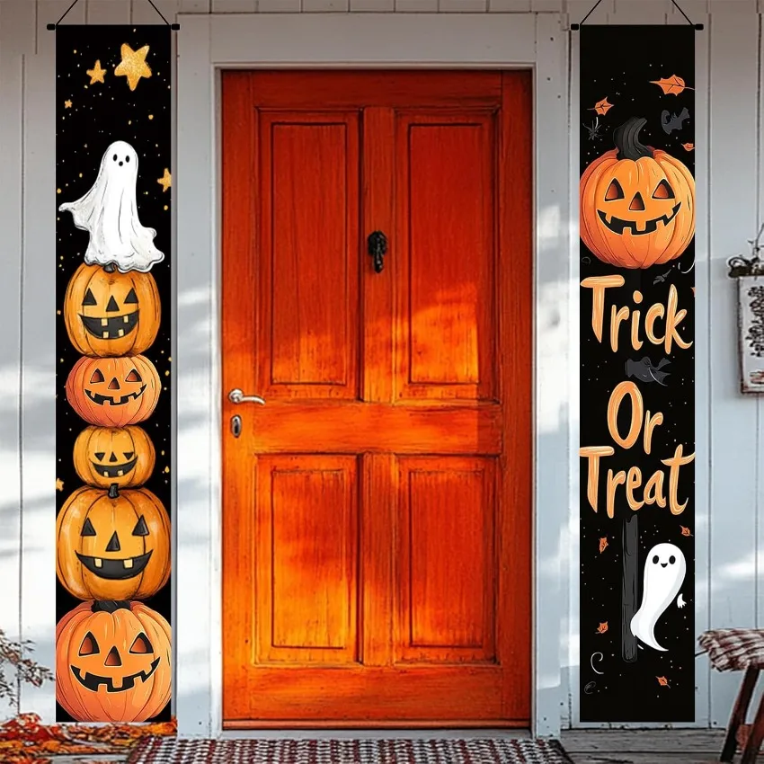 Halloween Porch Banner Flag 12 x 71 Inch Trick or Treat Jack O Lantern Pumpkin Door Sign for Outdoor Hanging Decor