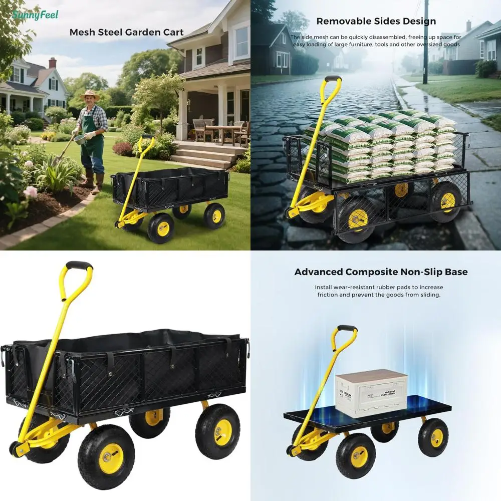

Складная садовая тележка для тяжелых условий эксплуатации 500 фунтов со съемными боковыми сетками, нескользящим резиновым основанием, черно-желтая, обновленная версия