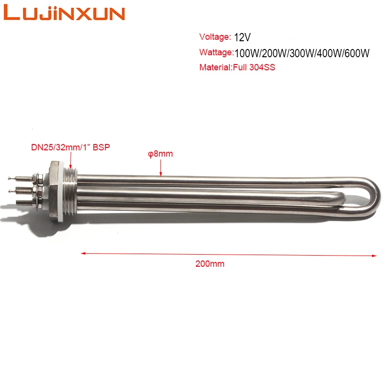 LUJINXUN Low Voltage Solar Water Heater 1inch Solar Radiator Electric Heating Element DN25/32mm 12V 100W/200W/300W/400W/600W 1PC