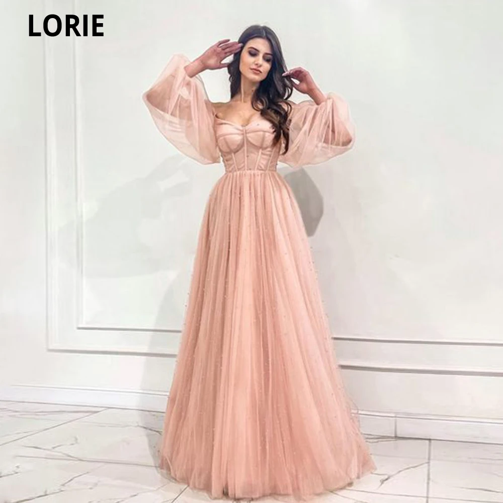 

LORIE A-Line Tulle Evening Dresses 2023 Vestidos De Fiesta V-neck Puff Sleeves Pearls Arabic Dubai Formal Gowns Evening Gowns