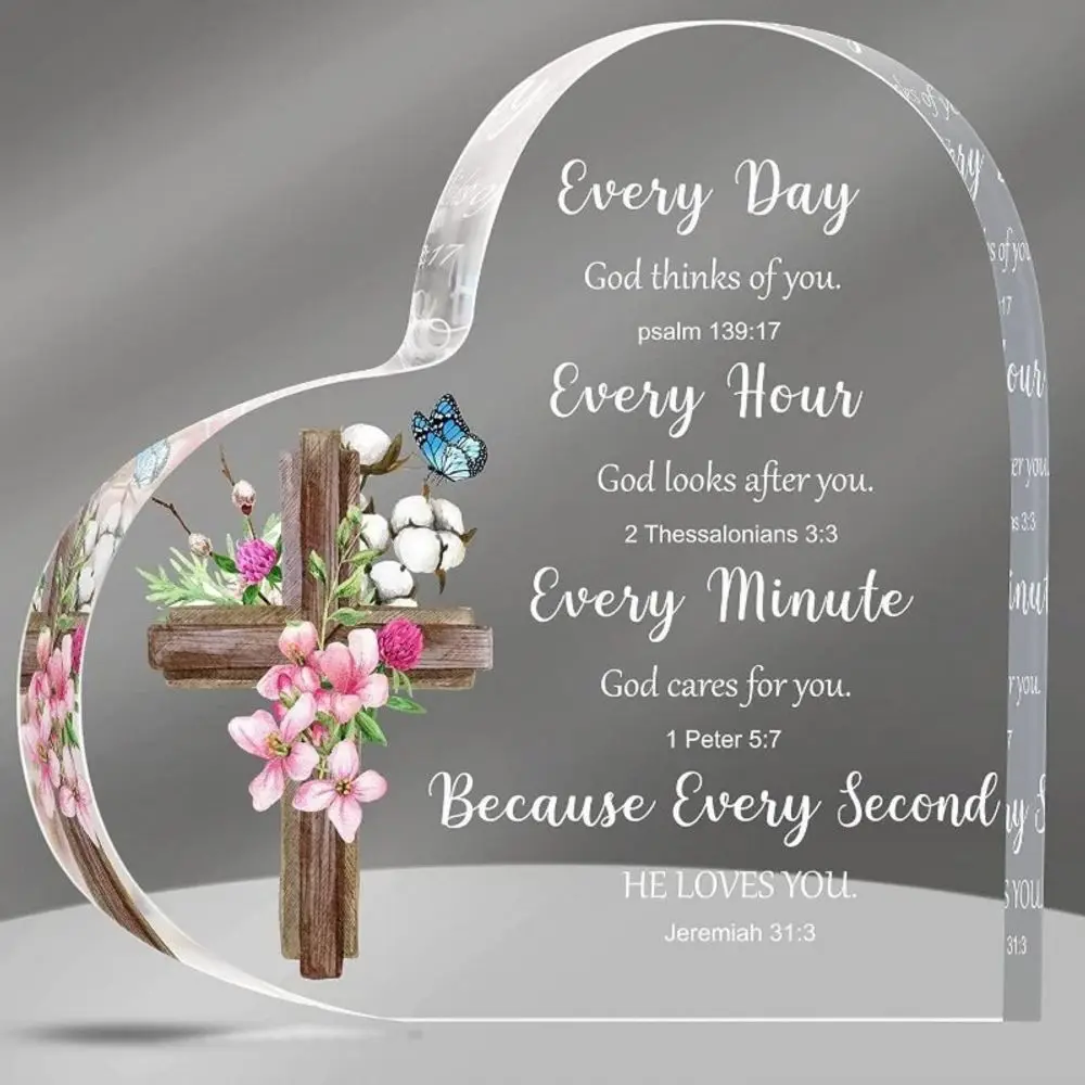 Wooden Cross Pink Flower Cotton Heart Clear Acrylic Block Scripture Faith Tabletop Keepsake
