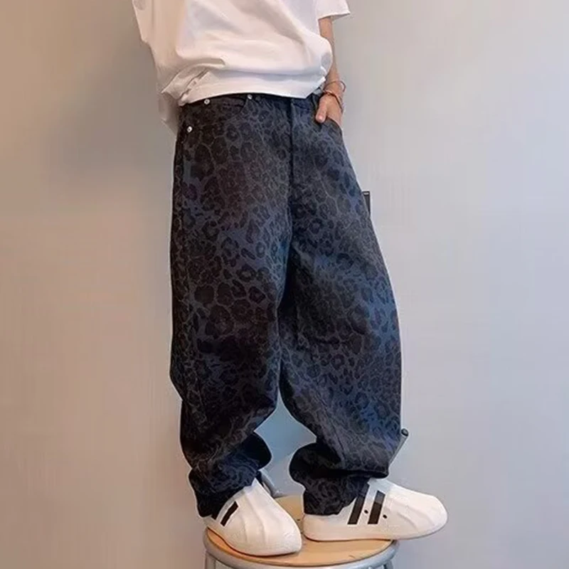 Loose Wide Leg Leopard Graphic Jeans Male Classic American Vintage Denim Men Pants Youth Popular Daily Streetwear Denim Trousers