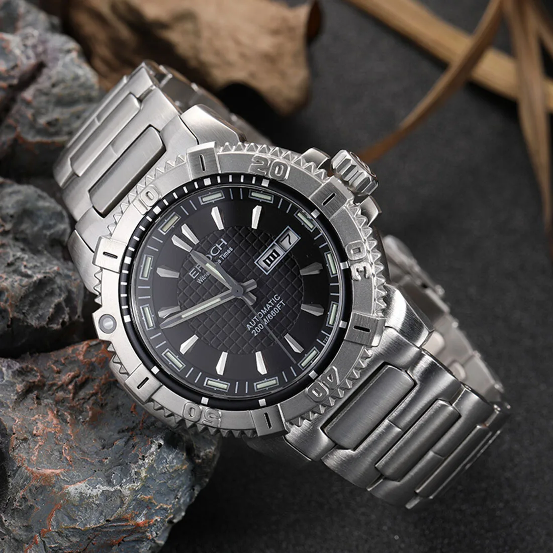 EPOCH Men Automatic Watch 46MM Military Mechanical Wristwatch Sport Luminous Diver 20Bar Waterproof Sapphire Dual Calendar