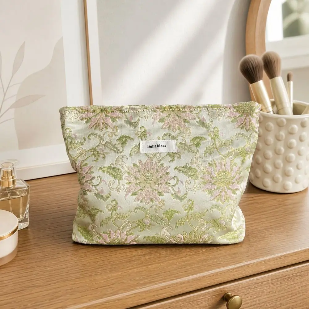 Canvas Cosmetic Bag Jacquard Texture Lotus Pattern Clutch Bag Chinese Inspired Style Compact Shape Organizer Pouch