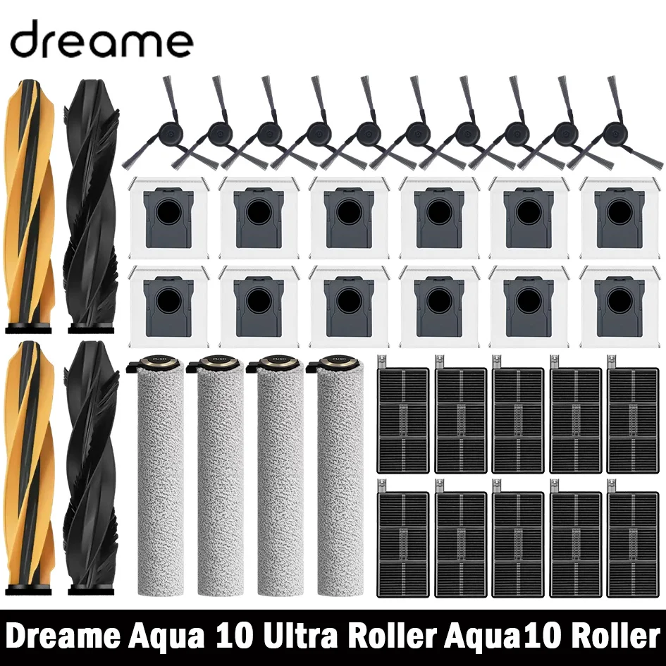 Pièces détachées pour aspirateur Dreame Aqua 10 Ultra Roller / Aqua10 Roller : Rouleau principal, brosse latérale, sac filtrant, rouleau de serpillière, accessoires
