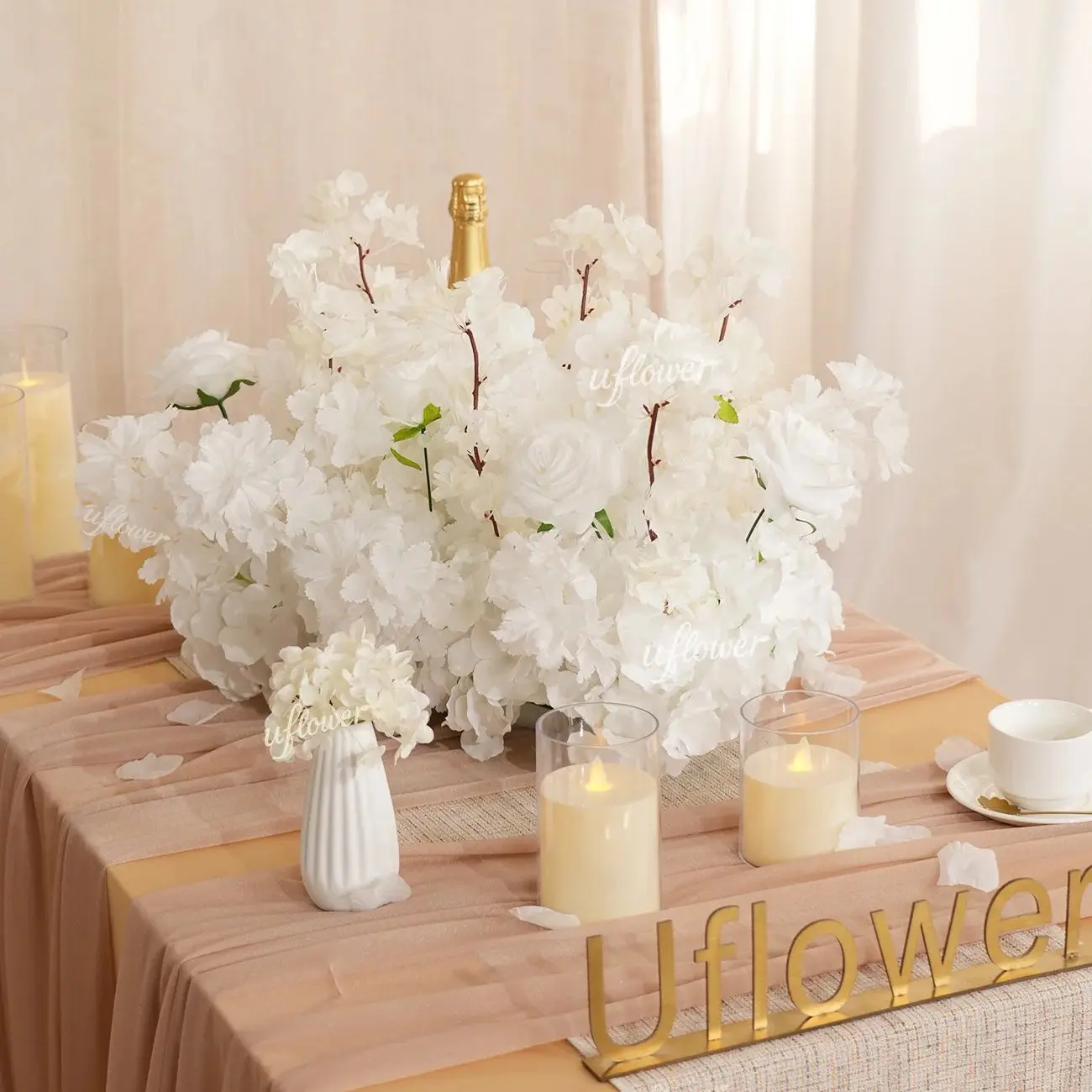 

Uflower White Cherry Blossoms Faux Artificial Flower Row Elegant Artificial Center Stage Background for Wedding Party Home Decor