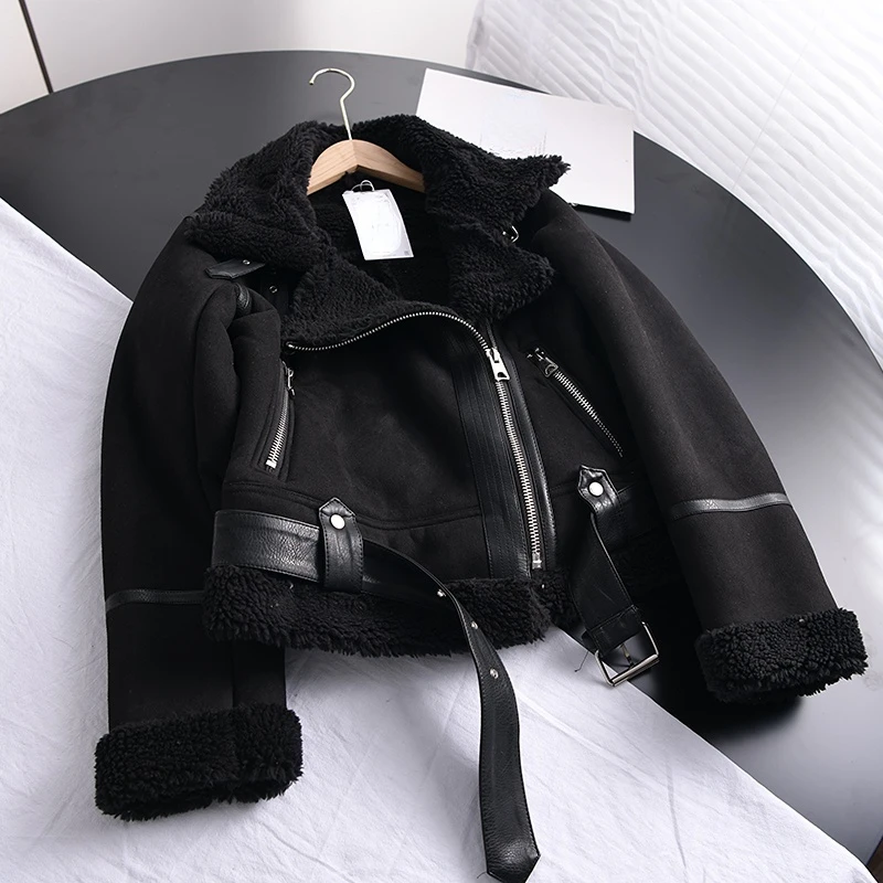 2022 Winter Women Thick Warm Suede Lamb Jacket Short Motorcycle Brown Coats Faux Shearling Sheepskin Leather Jackets Outwear