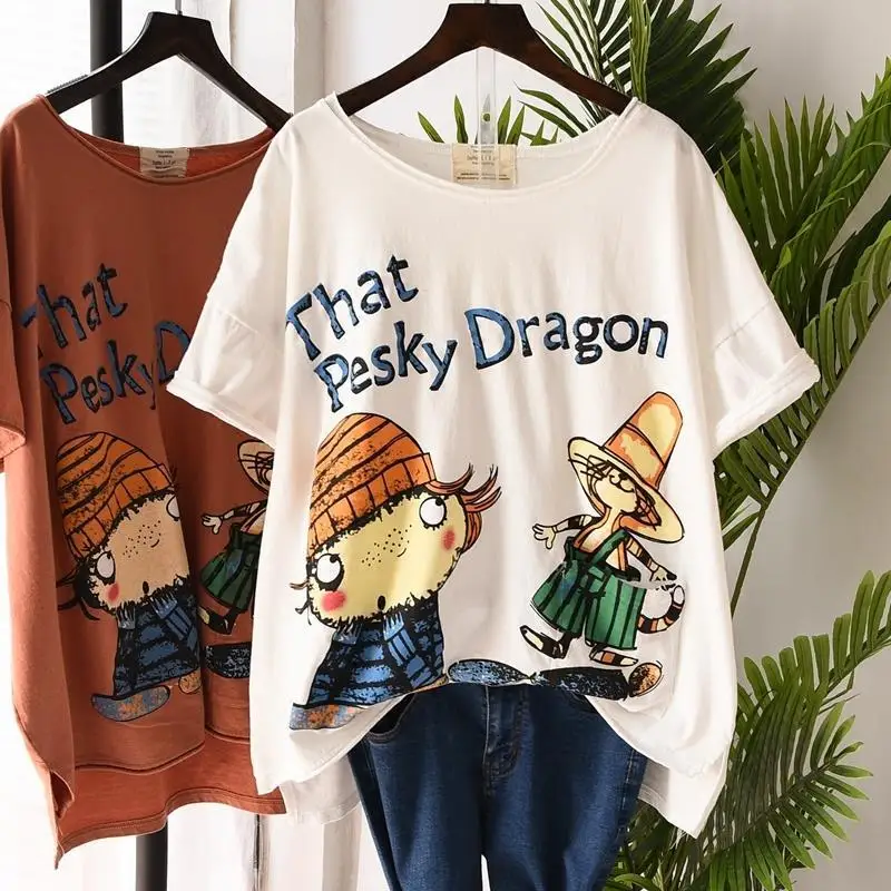 Summer T-shirt Oversize Women Plus Size Short Sleeve Casual Cartoons Loose O-Neck Shirts Short Sleeves Plus Size 4XL