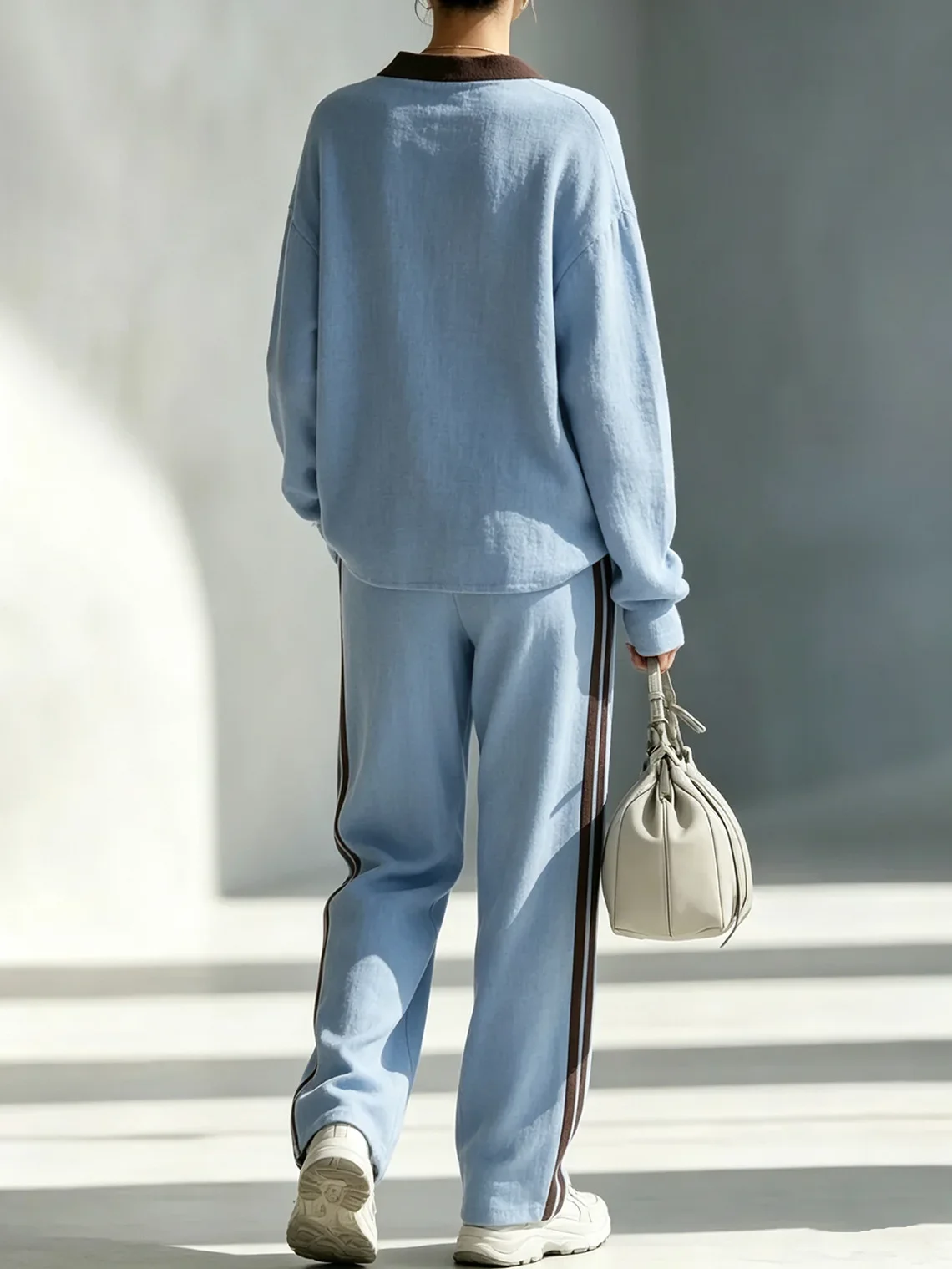 New Fashion Color Block Striped V-neck Long-sleeved Shirt Women's Suit Autumn Casual Loose Sports Pants Female 2 Piece Set