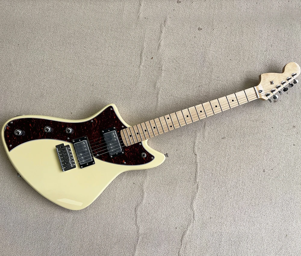 6 Strings Left Hand Cream Electric Guitar with Red Pearl Pickguard,Maple Fretboard,Humbuckers Pickups,Avtive Pickups