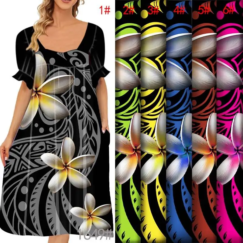 Micronesia Style Tribal Frangipani Pattern Digital Printed Polyester Fabric Island Design for Blouses,sarongs