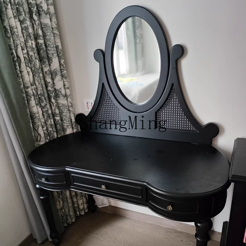 

CLbedroom furniture black carved makeup table with mirror arc medieval retro solid wood dresser rattan