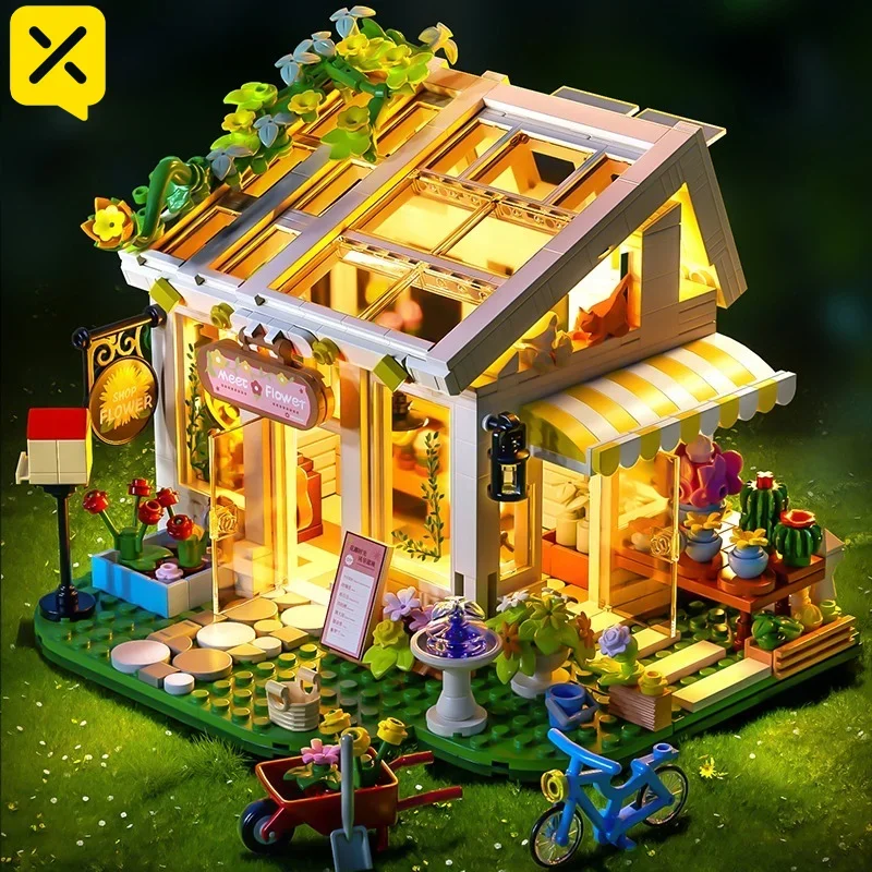 832PCS Building Blocks DIY Miniature Kit Sunshine Greenhouse Flower Shop STEM Educational Toys Puzzle with Lights Ideal Gifts
