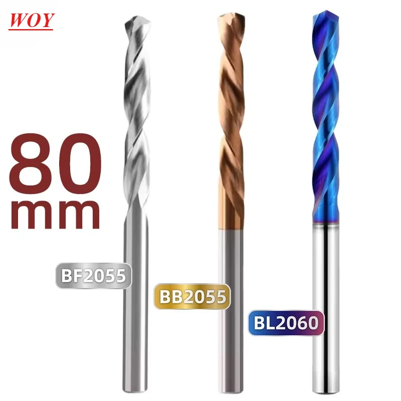 

WOY Solid Carbide Drill 80mm Long Length Tungsten Steel CNC Hole Processing 3-9mm for Aluminum Steel Cast Iron Wood