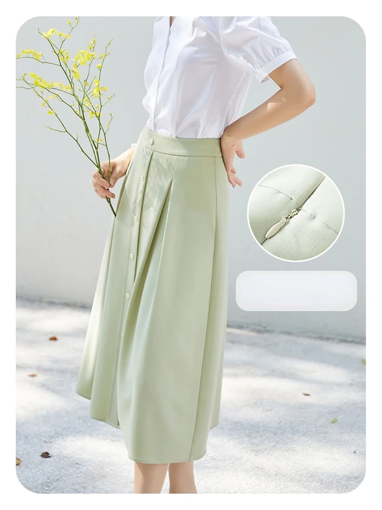 ZIQIAO Women Summer 2021 Woman Skirts Women's Solid Color A-line Pleated Skirt Side Zipper Button Decoration Calf Skirt