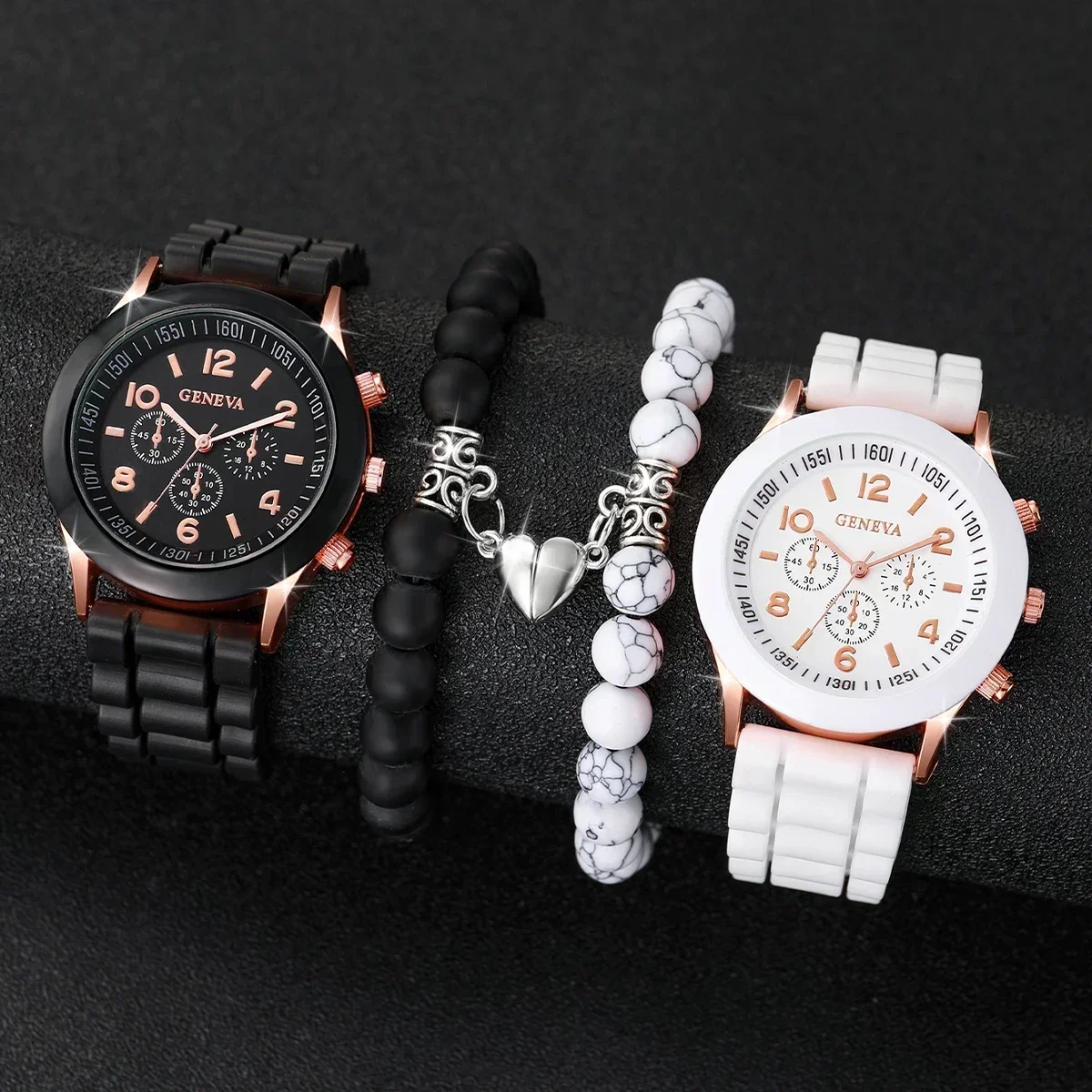 4Pcs Couple Watch Bracelet Set Geneva Silicone Quartz Wristwatch Matching Heart Bead Bracelets Lover Jewelry Gift