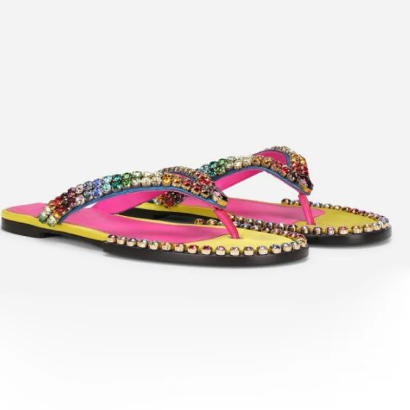 

Bling Colored Crystal Round Toe Flat Patchwork Outdoor Summer Women Slippers Slip On Design Large Size Fashion Flip Flops