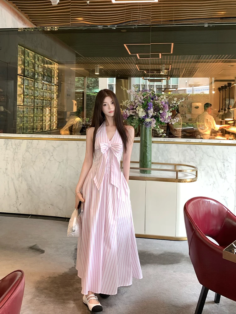 

Keni plus Size Pure Desire Pink Polka Dot Striped Dress Women Summer Vacation Belted Neck Hanging Dress Commute Style High Wa...