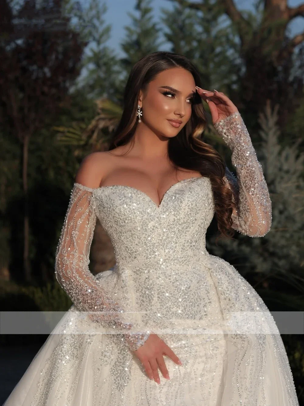 Flavinke Customized Sweetheart 2 In 1 Mermaid Wedding Dresses Off Shoulder full sleeves Shiny Beading Appliques Bridal Gowns