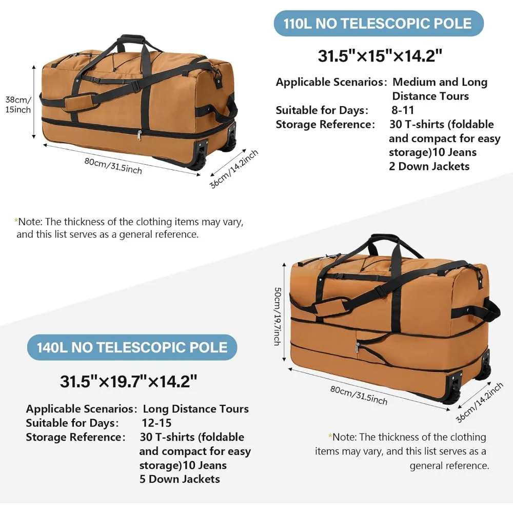 حقيبة سفر متدحرجة ناعمة الجوانب 110-140 لتر قابلة للتوسيع مع عجلتين، قماش أكسفورد 1680D، بني #2