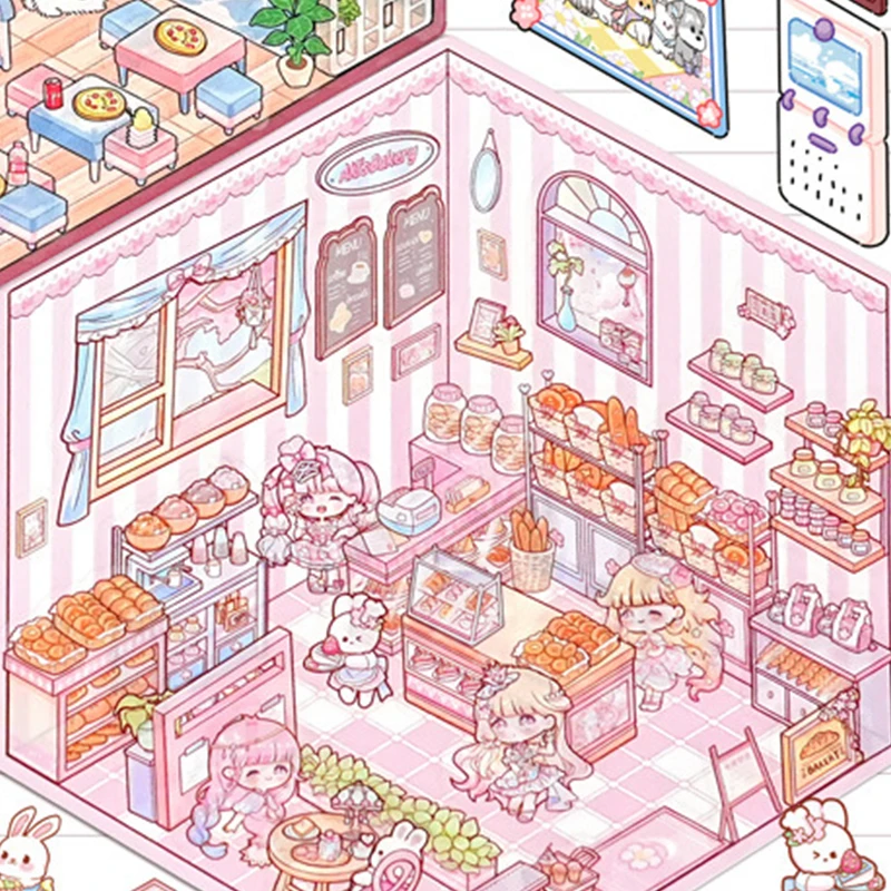 1 комплект, забавные наклейки для выпечки в супермаркете, милые наклейки с мультяшными сценами, креативные трехмерные наклейки сцены кабины