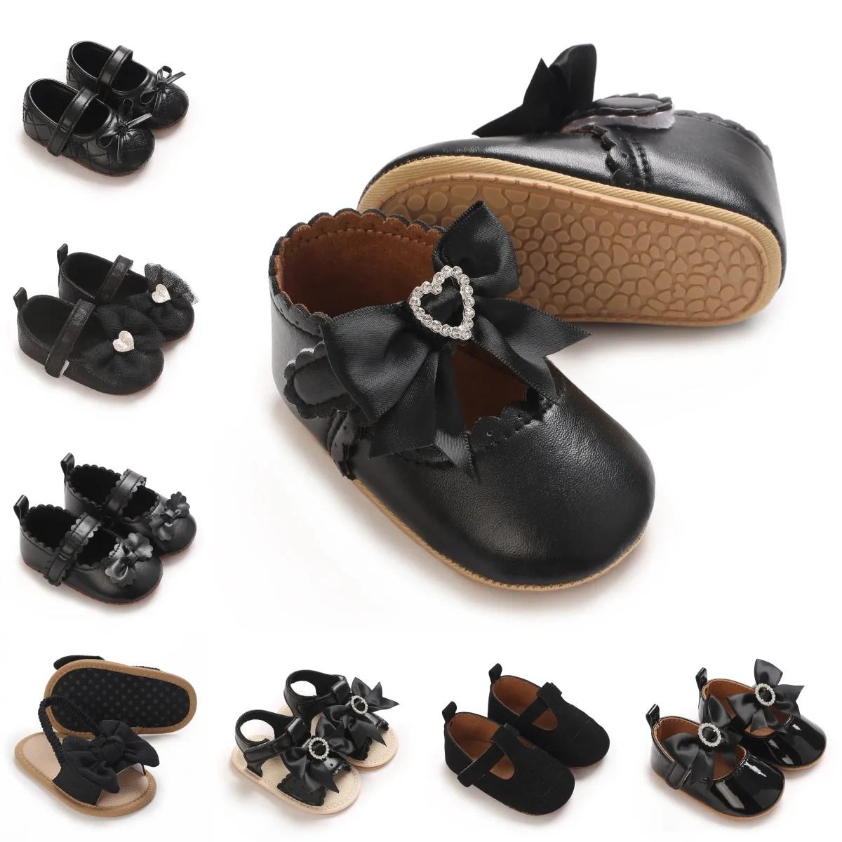 

0-1Year Black Fashion Newborn Party Princess Shoes Boys And Girls' First Step Walking Shoes Soft Soled Anti Slip Baby Shoes