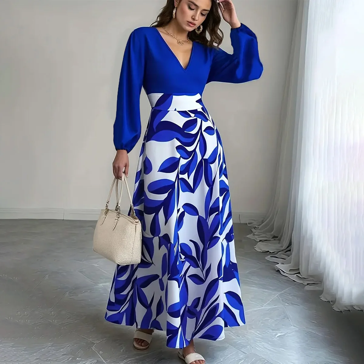 

Women's Elegant Blue V Neck Long Sleeve Maxi Dress Color Block Leaf Print A Line Flowy Gown for Vacation Casual Party