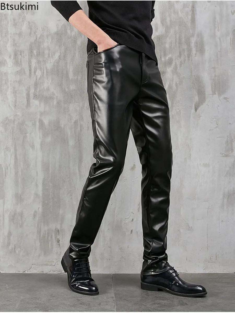 

2026 Men's Leather Pants Skinny Stretch Spring Autumn Fashion PU Leather Trousers Nightclub Party Dance Pants Hip Hop Streetwear