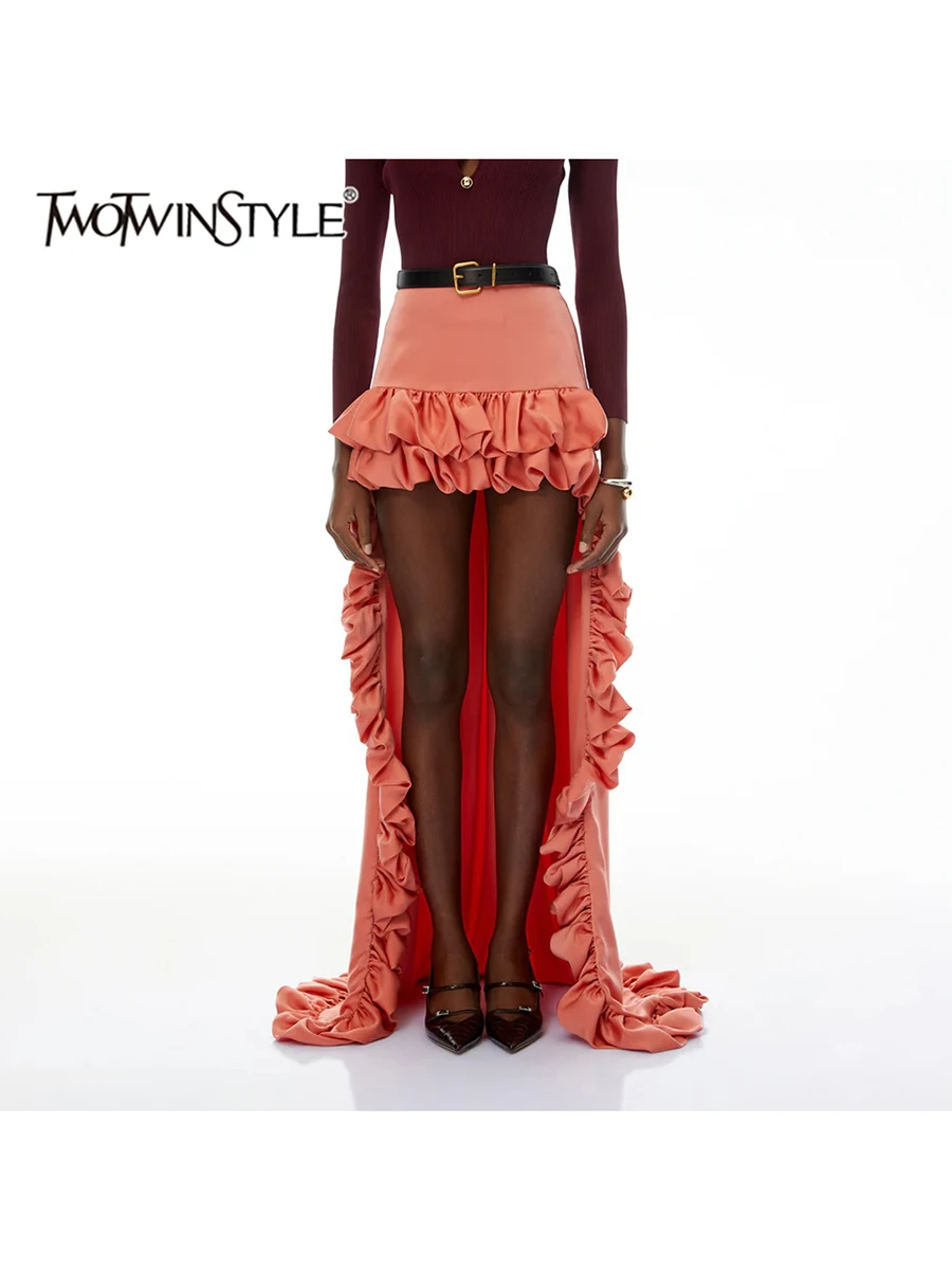 TWOTWINSTYLE Ruffles Spliced Solid Slimming Skirt for Women High Waist Patchwork Zipper Irregular Skirts Female Fashion Style