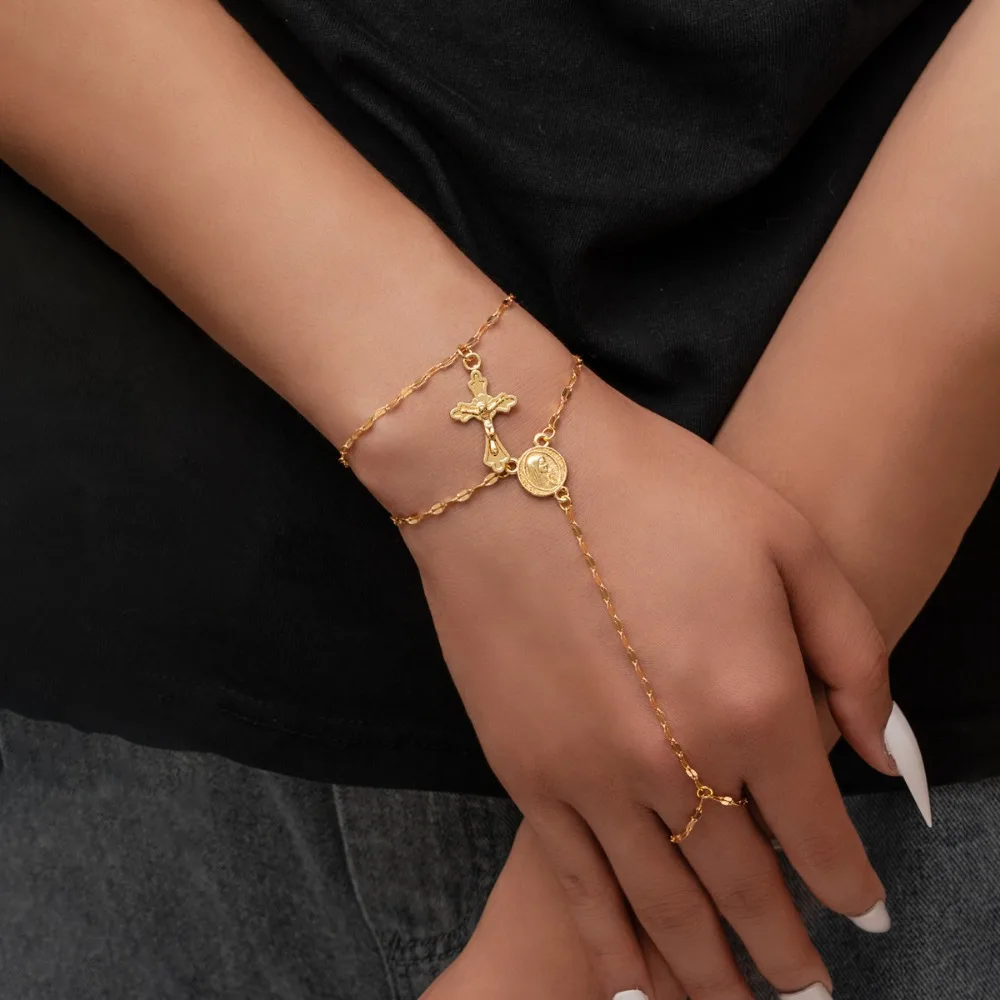 Fashion Personality Gold Color Cross Pendant Portrait Round Plaque Double-layer Finger-through Bracelets for Women Party Jewelry