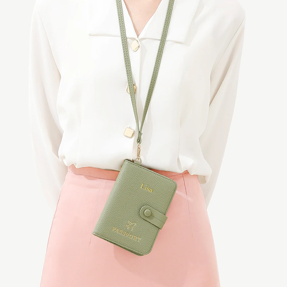 Customized Name Lady Travel Passport Protection Book RFID Neck Passport Case with Leather Card Holder Wallet