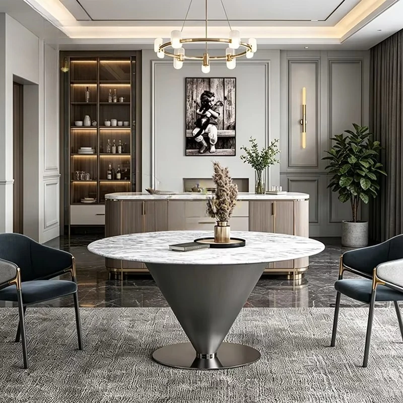 White Gold Marble Round Dining Table Silver Gray Matte Inverted Cone Metal Base Home Kitchen Restaurant Furniture