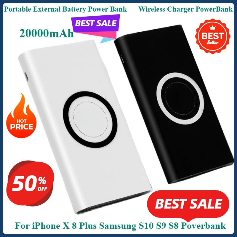 

Portable External Battery Power Bank Wireless Charger PowerBank 20000mAh For iPhone X 8 Plus Samsung S10 S9 S8 Poverbank