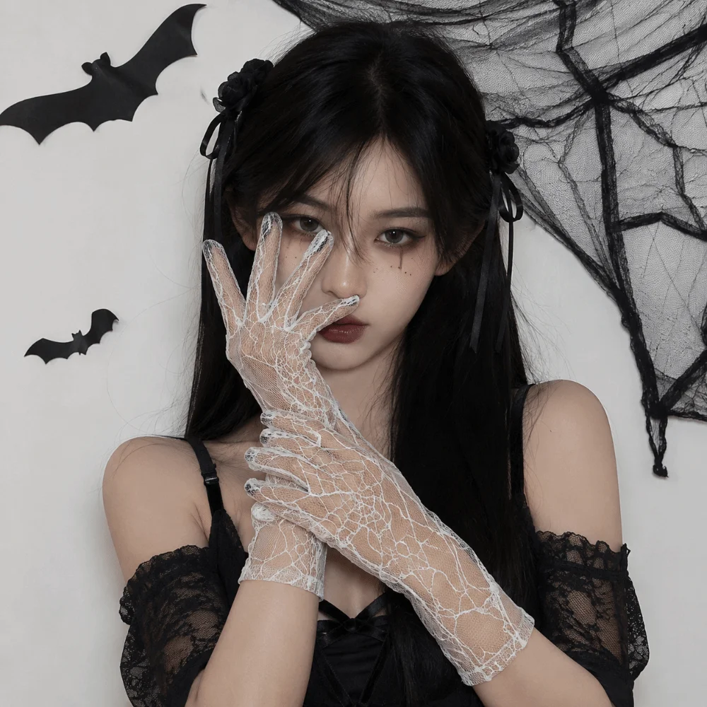 Breathable Solid Color Spider Web Gloves Gauze Mesh Women Driving Gloves Dark Series Transparent Long Mittens Halloween
