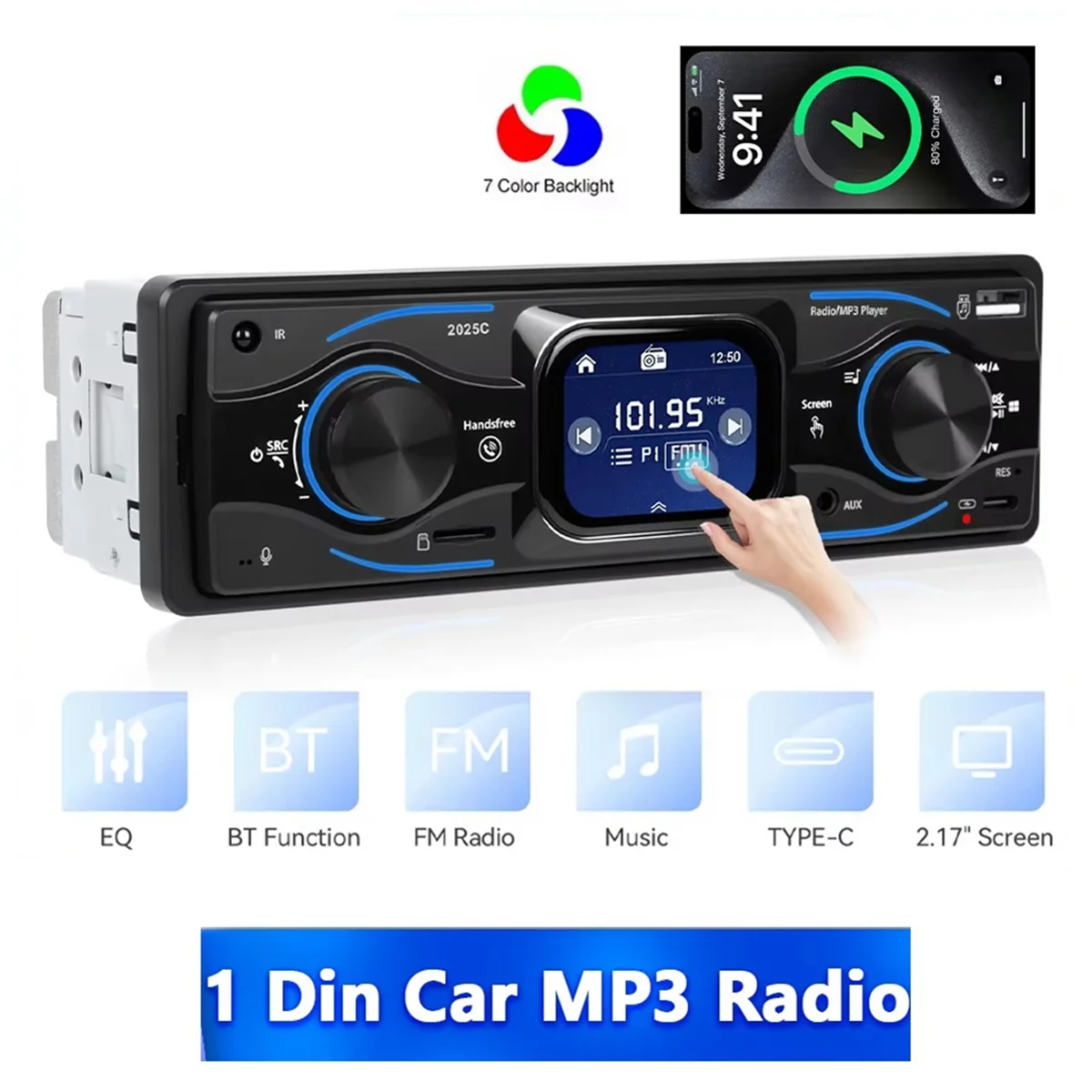 A02Q-1Din Car MP3 Player Radio 2.17inch Touch Screen Support USB/SD/AUX Colorful Lights Bluetooth FM