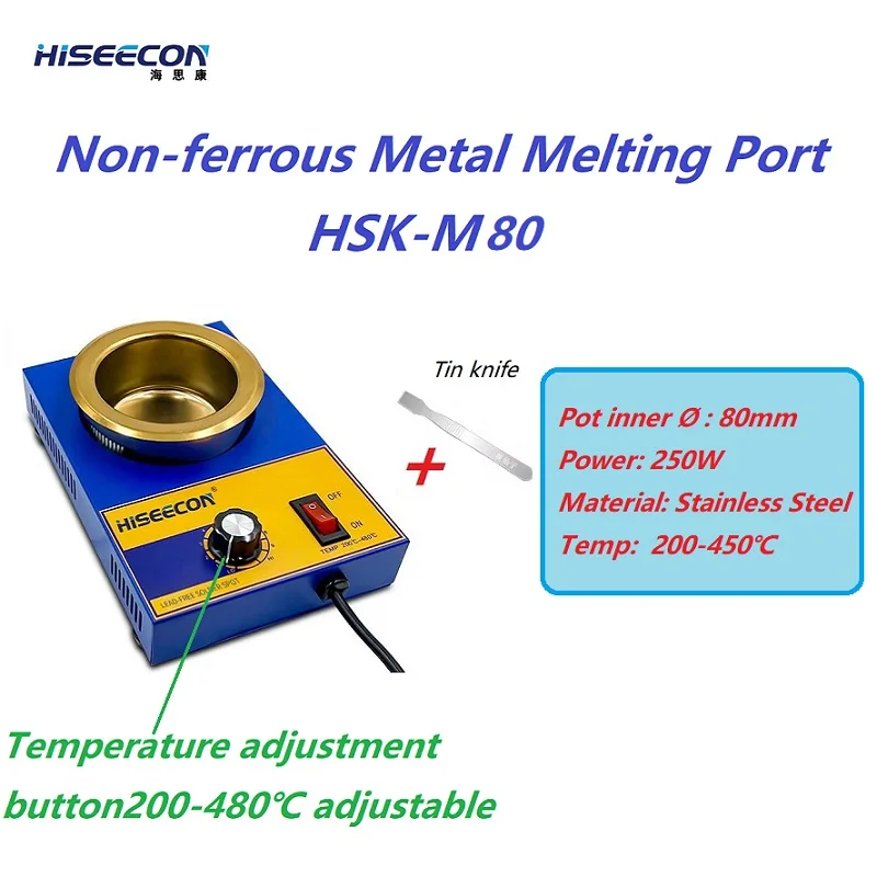 250W HSK M80 Solder Pot 80mm Tin Melting Furnace Adjustable Temperature 200-450℃ Lead free Soldering Melting Pot