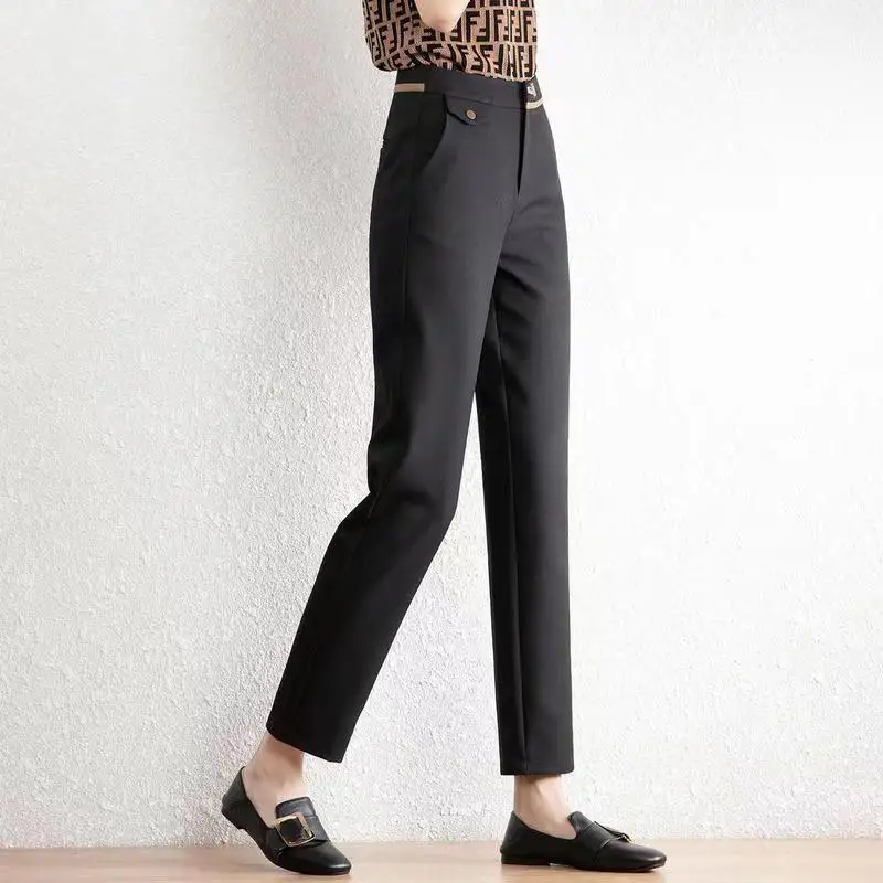 Fashion Office Lady Solid Color High Waist Straight Trousers Spring Commute Casual All-match Cropped Pants Women\'s Clothing